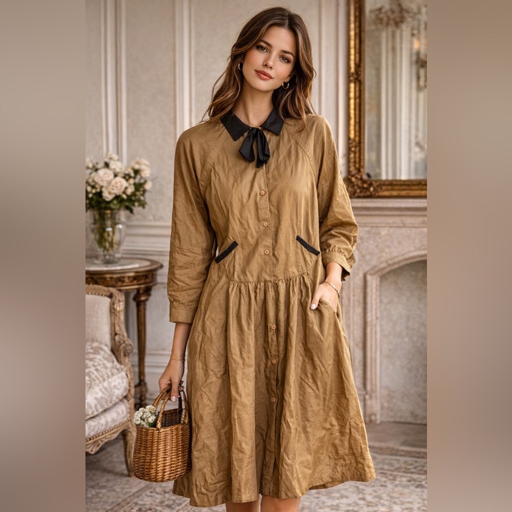 Vintage retro drop‎ waist Tan cotton  Brown Collar shirt midi dress modest sz M
